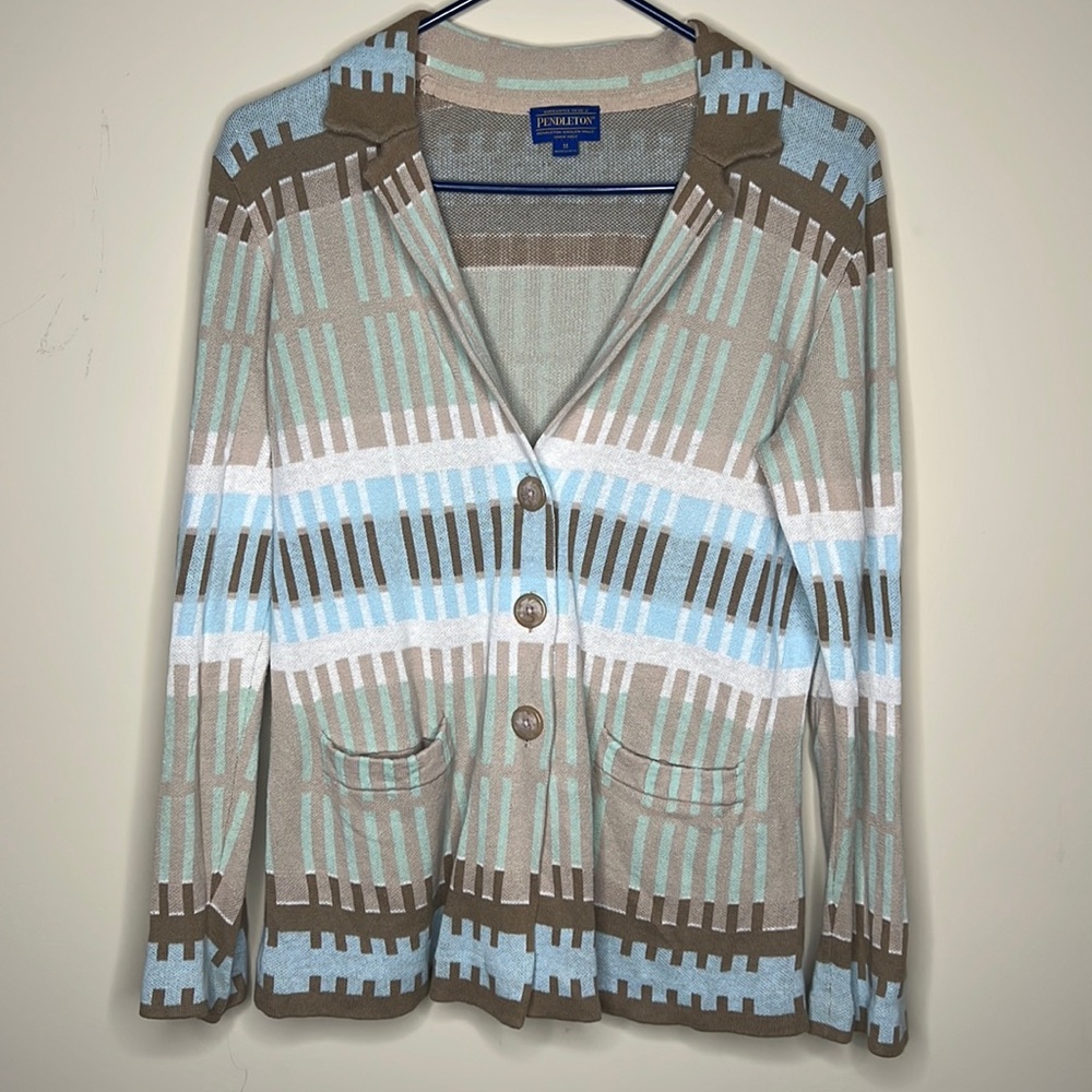 Pendleton Vintage Linen Cotton Multicolor Print Knit Cardigan Blazer Size Medium